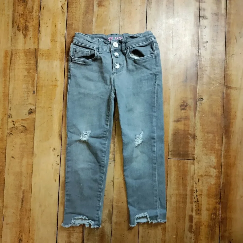 Place size 5 gray jeans straight leg distressed frayed hem adjustable waist